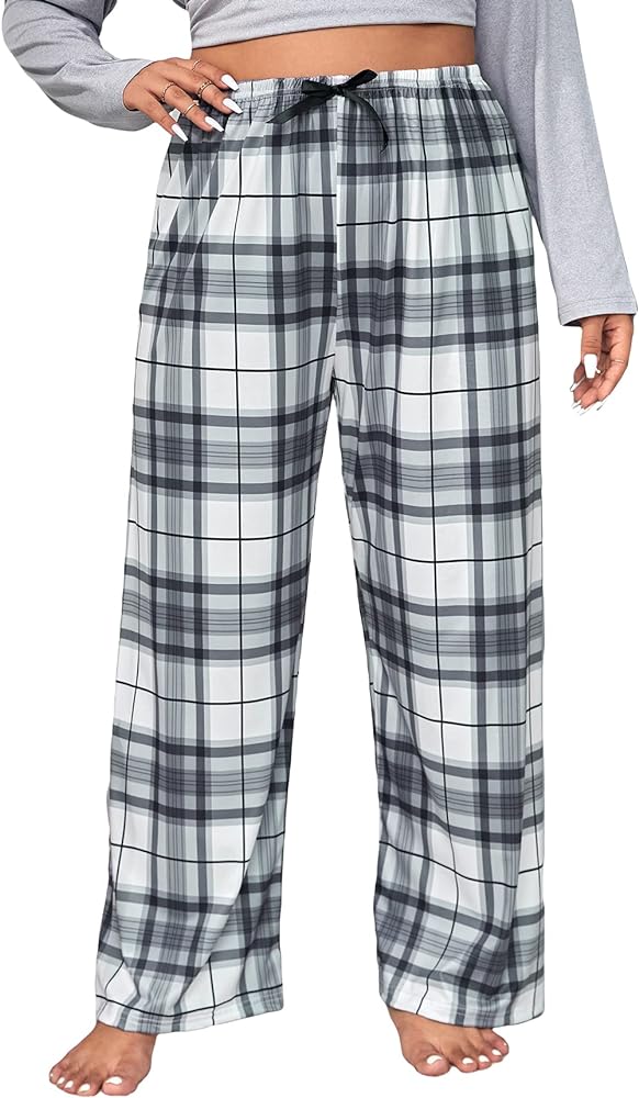 SOLY HUX Women's Plus Size Plaid Pajama Pants Lounge Pant Wide Leg Loose Fit Sleepwear Bottoms