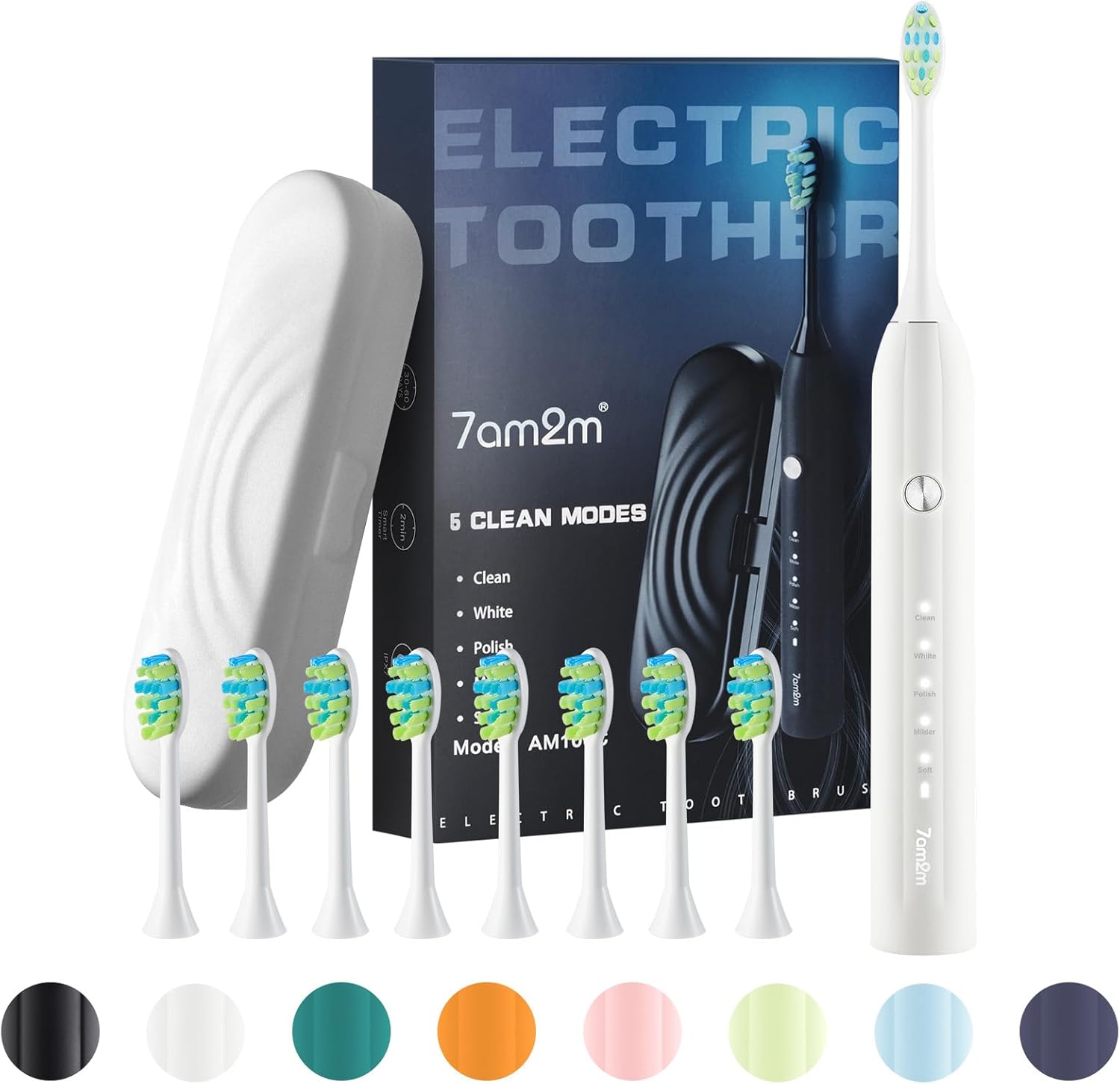 7AM2M Sonic Electric Toothbrush for Adults and Kids, with 6 Brush Heads, 5 Modes with 2 Minutes Build in Smart Timer, Roman Column Handle Design (White, 1 Count (Pack of 1))