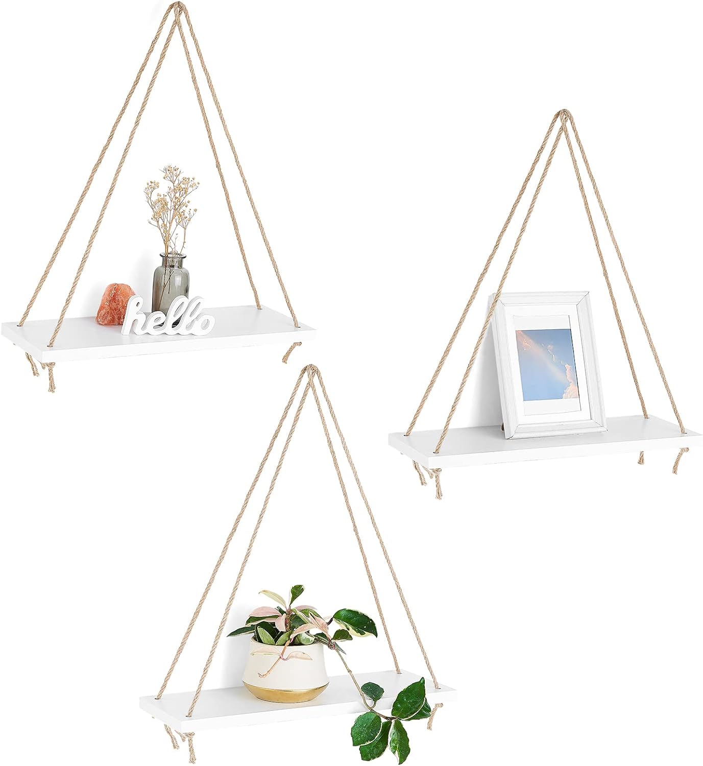 Mkono Wood Hanging Shelves for Wall Boho Decor Swing Rope Rustic Floating Shelf, Set of 3 Wall Display Shelving Home Organizer Rack for Living Room Bedroom Bathroom Kitchen,White