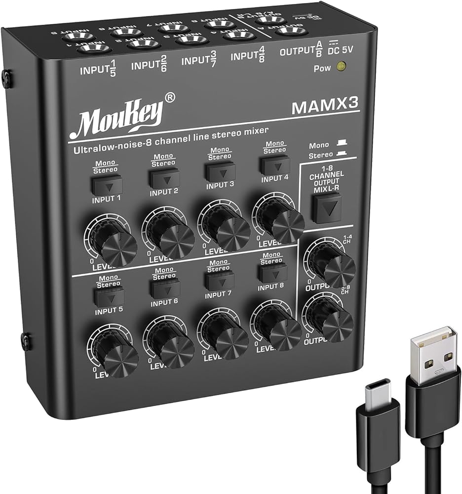 Moukey Audio Mixer Line Mixer, DC 5V, 8-Stereo Ultra, Low Noise 8-Channel for Sub-Mixing, for Small Clubs or Bars, As Guitars, Bass, Keyboards Mixer, 2022 New Version-MAMX3