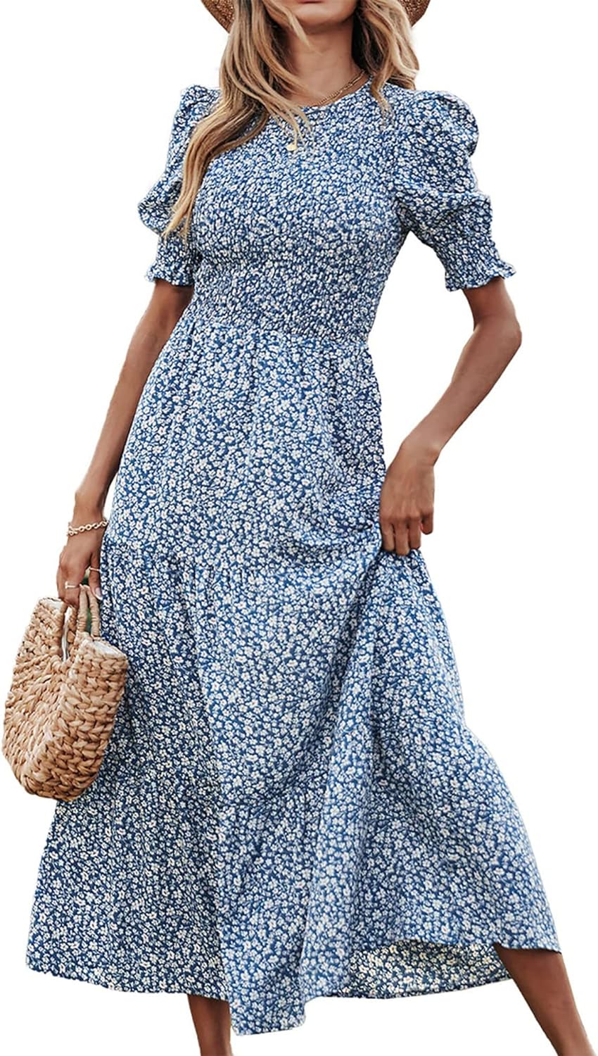 BTFBM Women Casual Summer Dresses 2024 Spring Crew Neck Ruffle Short Sleeve Floral Print Smocked Boho Flowy Maxi Dress