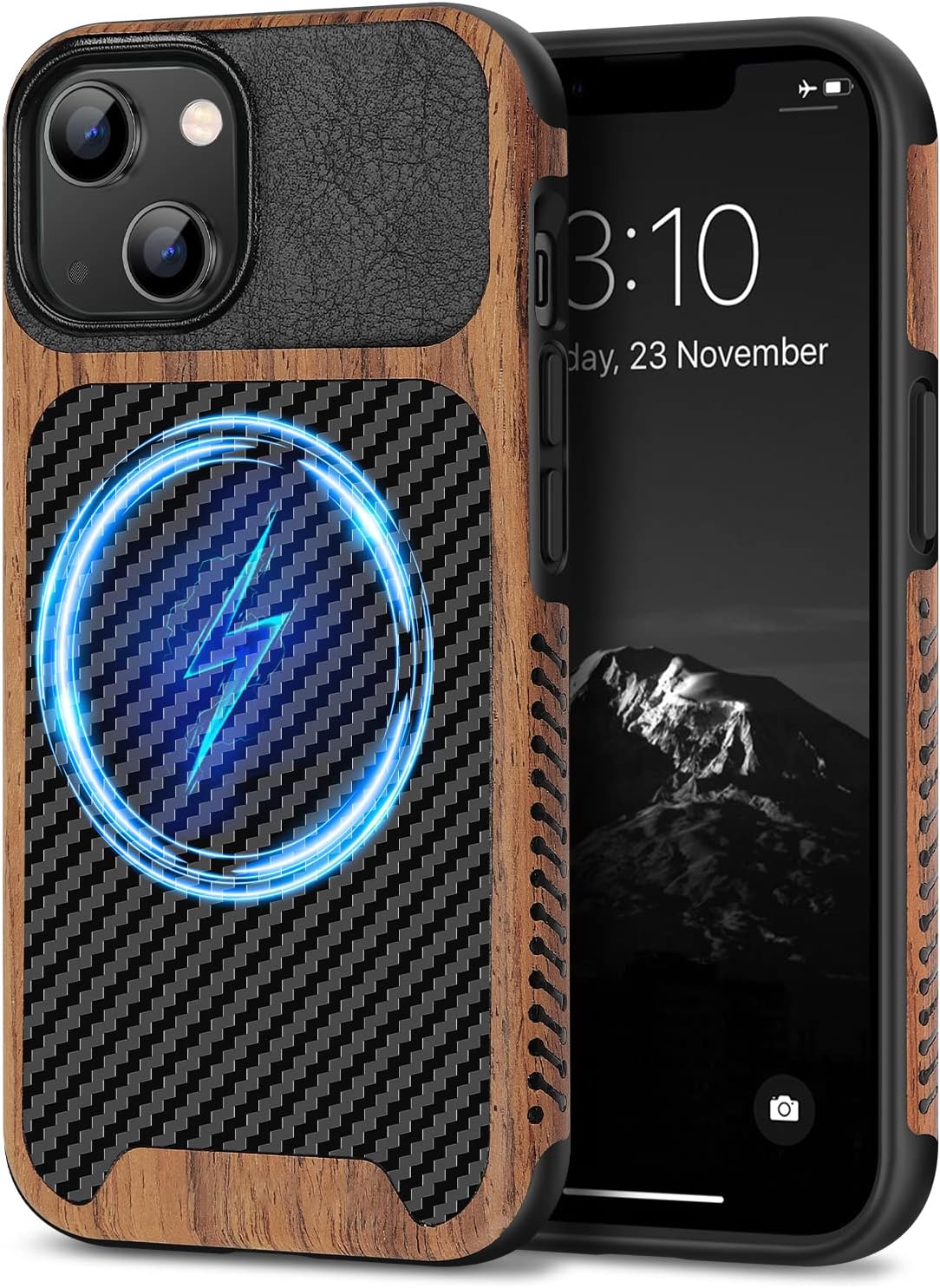 TENDLIN Magnetic Case Compatible with iPhone 14 Case Wood Grain with Carbon Fiber Texture Design Leather Hybrid Slim Case (Compatible with MagSafe) Black