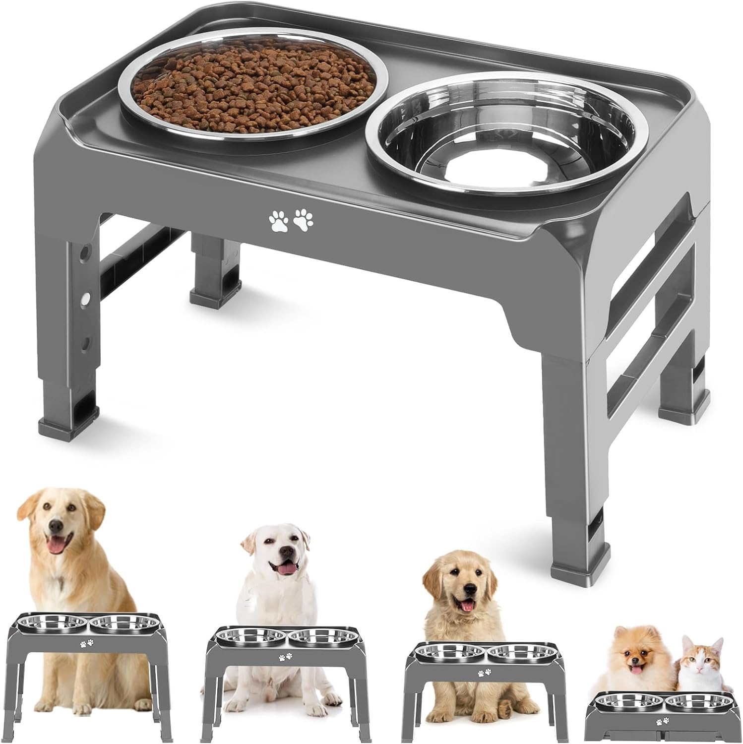 Elevated Dog Bowls, 4 Height Adjustable Raised Dog Bowl Stand with 2 Thick 50oz Stainless Steel Dog Food Bowls Non-Slip Dog Feeder for Large Medium Dogs Adjusts to 3.7", 9.2", 10.75", 12.36" Grey