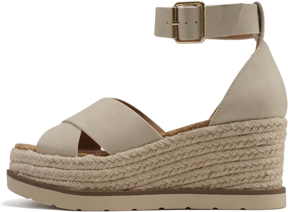 Soda Fabian ~ Women Square Toe Closed Back Counter Crisscross Band Platform Espadrille Wedge Sandals with Adjustable Ankle Strap