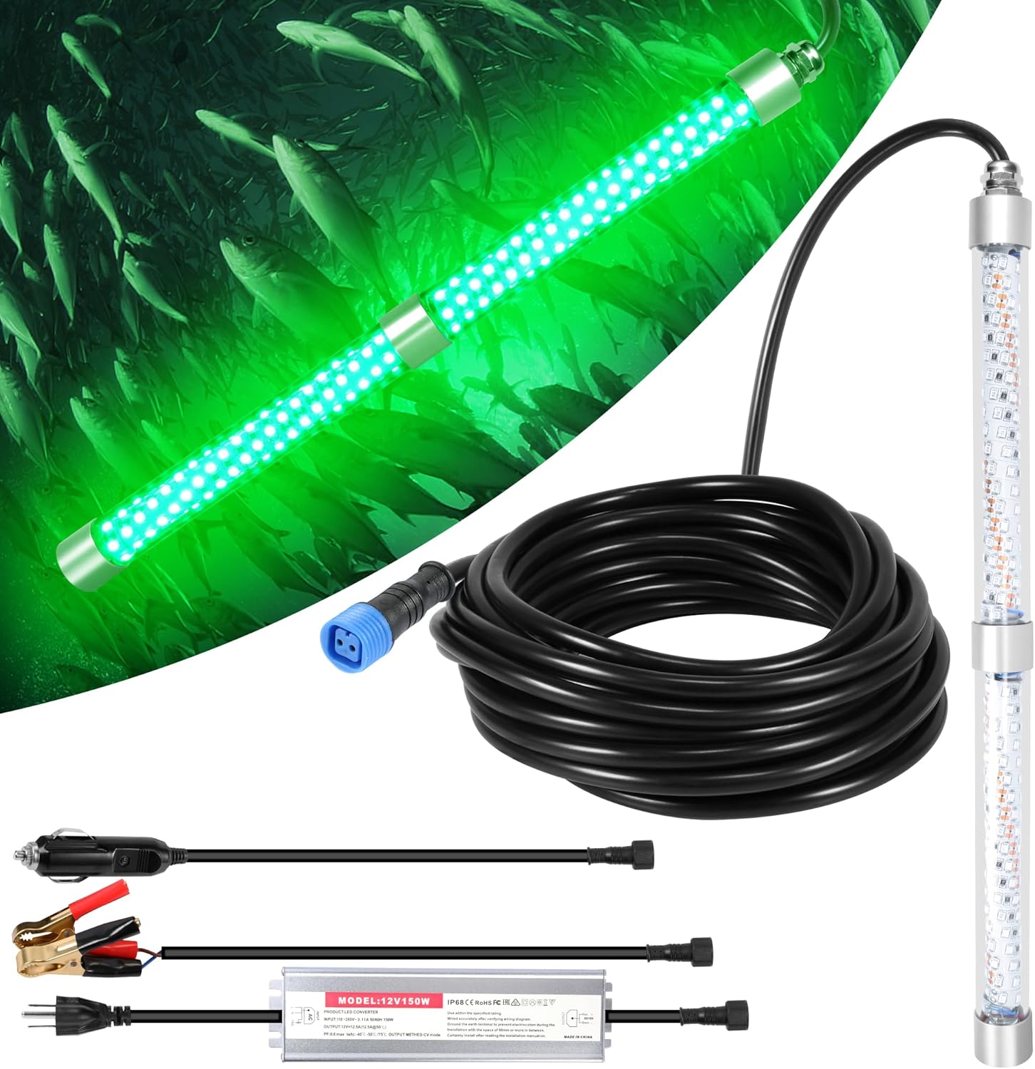 HUSUKU FS0-2 LED Underwater Fishing Light, 12V or 110V 16inch 200W 20,000lm 16.4ft Wire, Green Night Fishing Finder, Glowing Fish Attractor, IP68 Submersible Boat Lamp for Snook Crappie Squid Shrimp