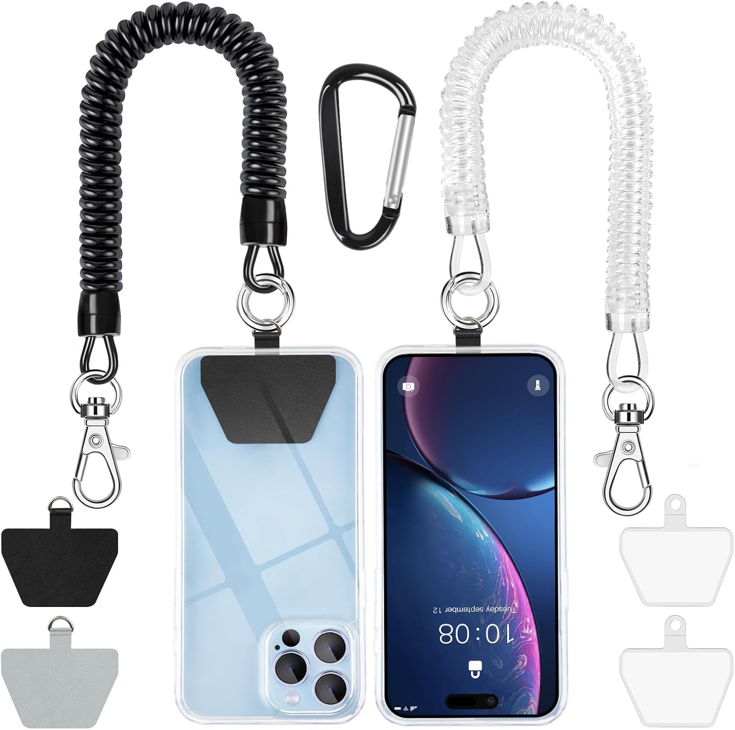 SHANSHUI Phone Tether Lanyard, Strong Spring Rope Climbing Hook, 4x Phone Tether Tabs Free Your Hand Stylish Phone Chain Strap for All Smartphones - 2PCS Black White