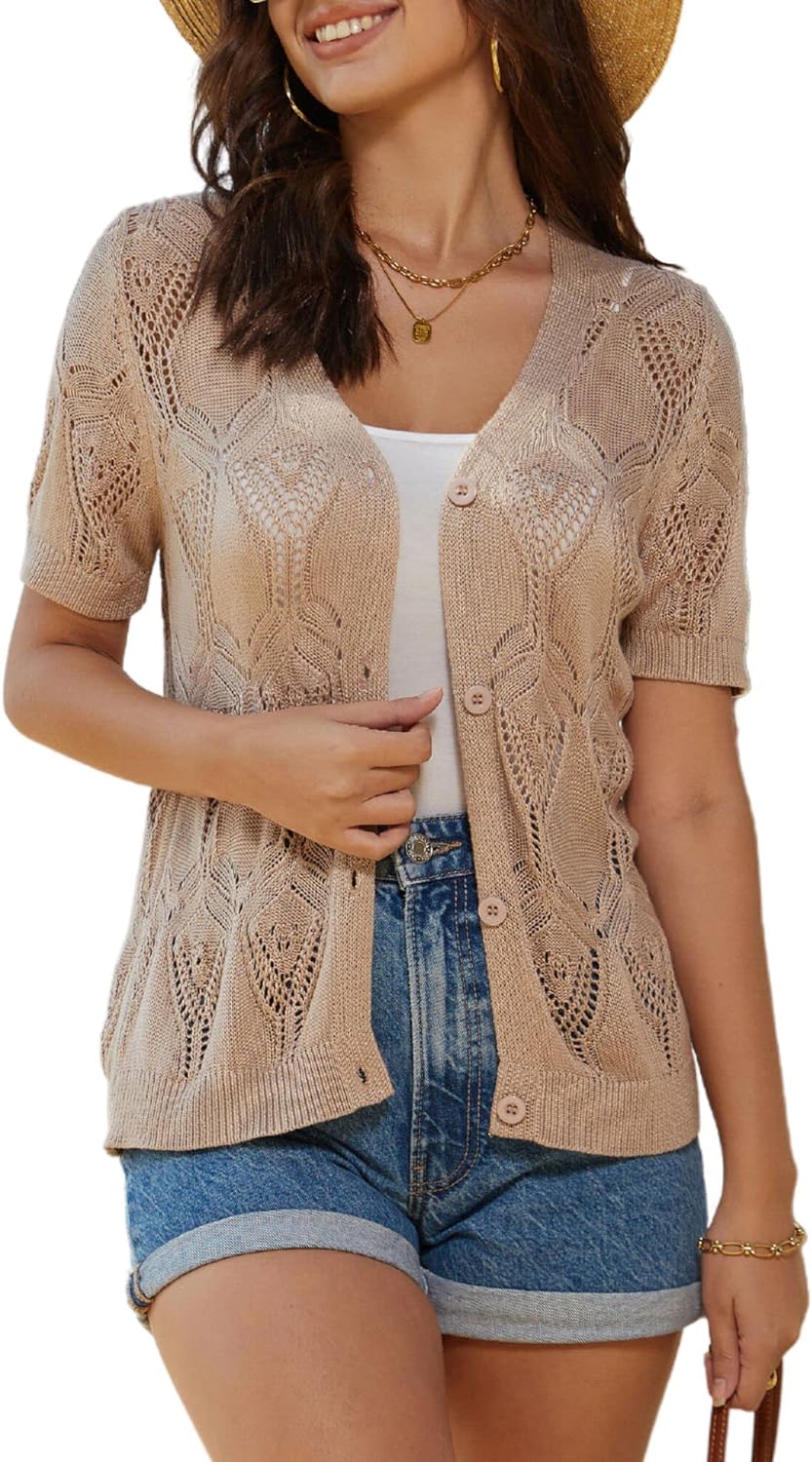 GRACE KARIN 2024 Summer Women' Short Sleeve Crochet Cardigan Shrug V Neck Bolero Sweater Tops