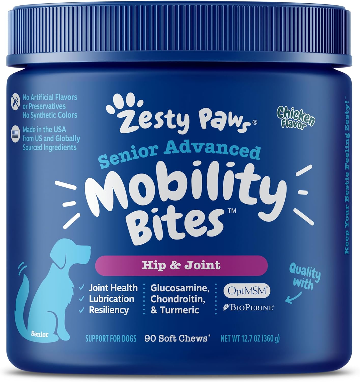 Zesty Paws Mobility Bites Dog Joint Supplement - Hip and Joint Chews for Dogs - Pet Product with Glucosamine, Chondroitin, & MSM + Vitamins C and E for Dog Joint Relief  Advanced - Chicken  90 Count