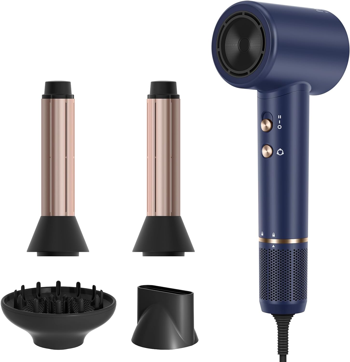 PARWIN PRO BEAUTY Air-Sonic Hair Dryer with Diffuser, HD-LED Display & 110, 000 RPM High Speed Ionic Blow Dryer, 1 1/4 Inch Left & Right Air Auto-Wrap Curlers, Prussian Blue Professional Version