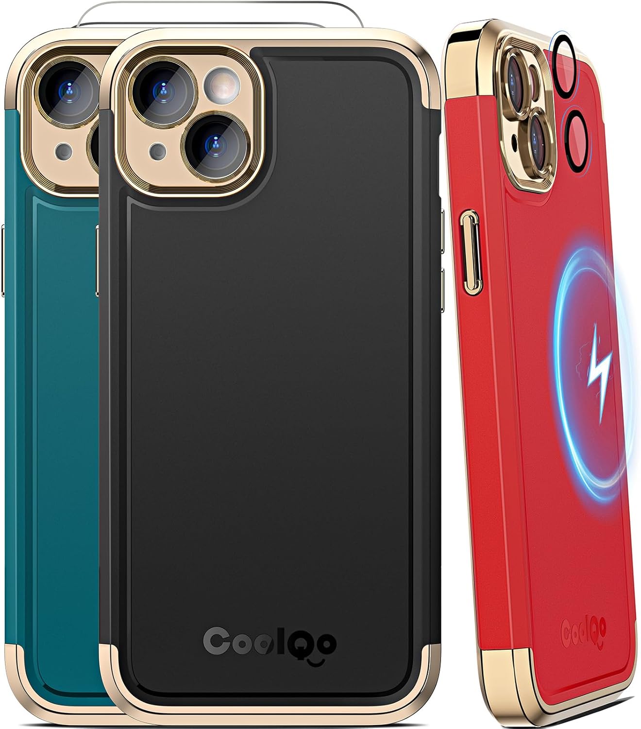 COOLQO Magnetic for iPhone 15 Case [Compatible with MagSafe] 2X[Tempered Glass Screen Protector+Camera Lens Protectors] Mil-Grade Shockproof Protective Phone Case for iPhone 15, Black Gold