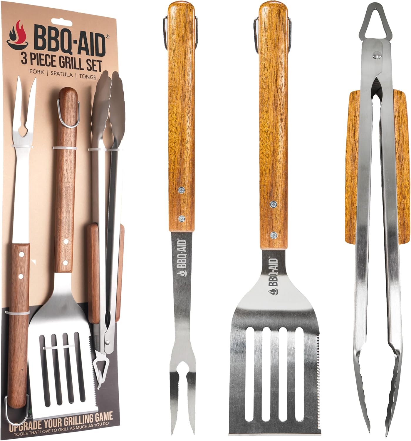 BBQ-AID 3 Piece Grill Set BBQ Accessories - Kitchen Tongs, Metal Spatula & Fork Utensils - Heavy Duty Stainless Steel Barbecue Grill Utensils for Outdoor Grill with Solid Sturdy Wood Handles