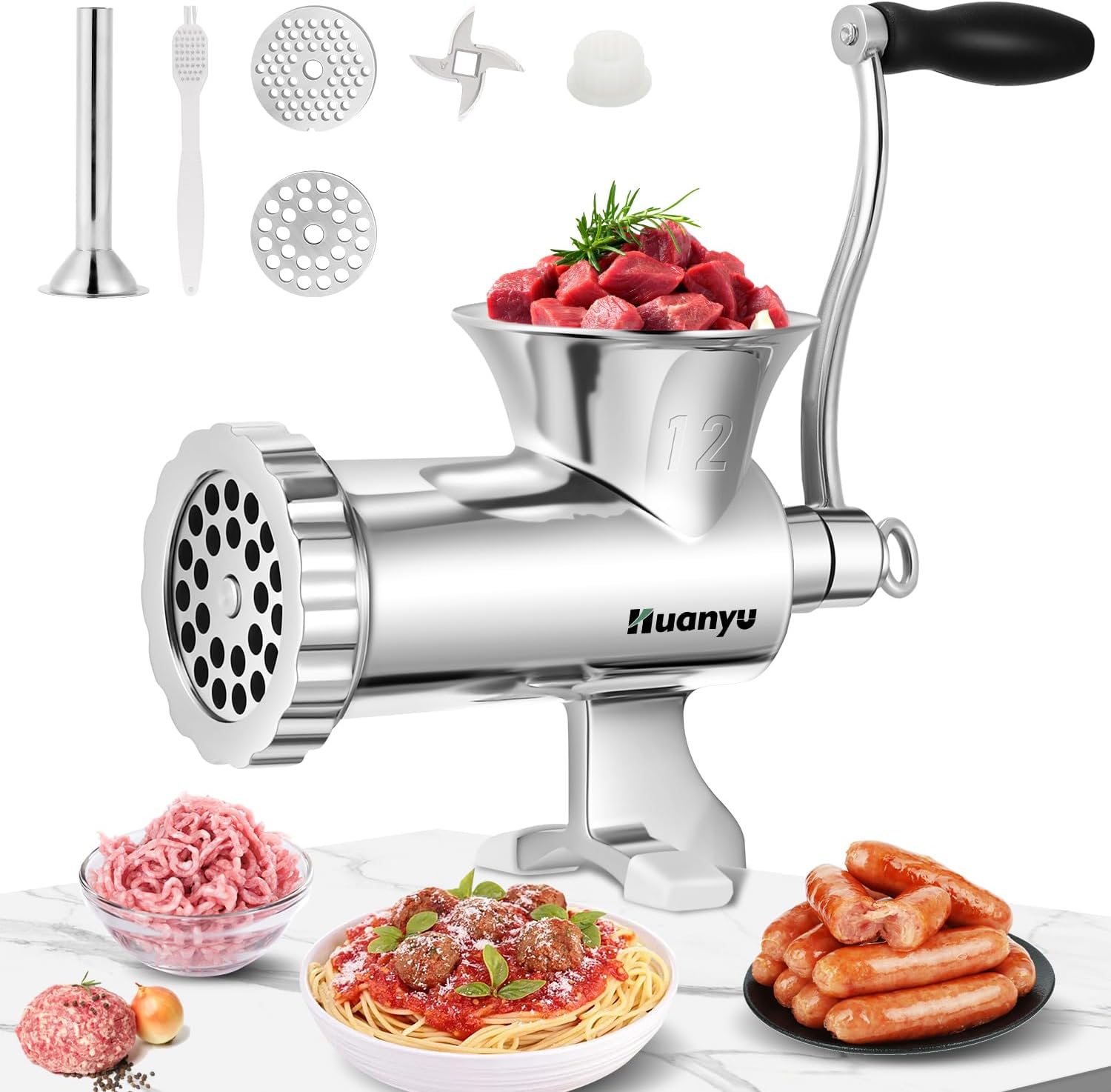 Huanyu Meat Grinder Manual Stainless Steel Meat Mincer Sausage Stuffer Filler Handheld Meat Ginding Machine Multifunctional Attachments Household for Chicken,Beef,Small Bone,Chili NO12