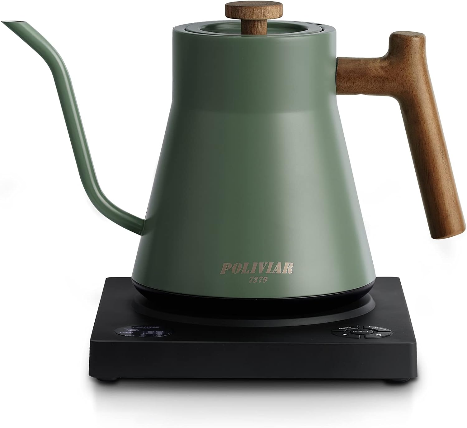 POLIVIAR Electric Gooseneck Kettle, 1200W Electric Tea Kettle Real Wood Handle, 34oz Pour Over Electric Kettle for Coffee & Tea, 18/8 Stainless Steel Inner, Temperature Control & Rapid Heating