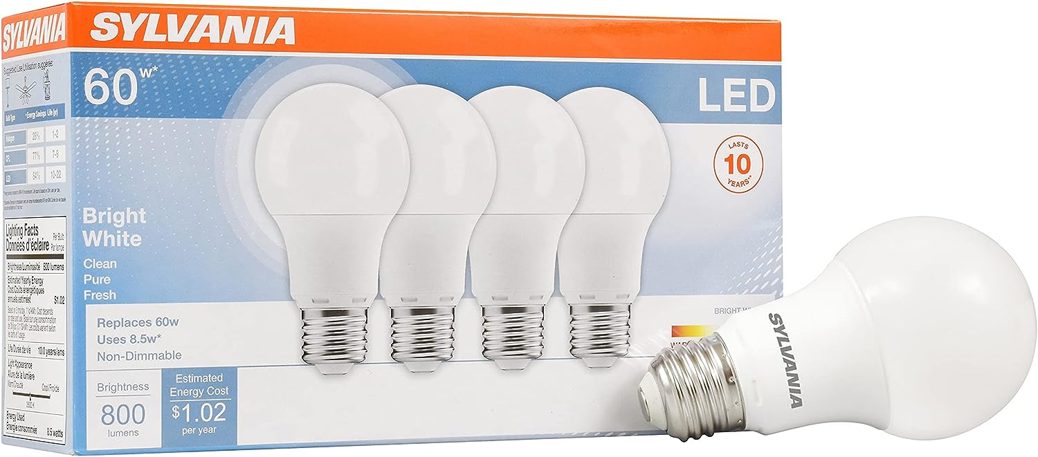 SYLVANIA LED Light Bulb, 60W Equivalent A19, Efficient 8.5W, Medium Base, Frosted Finish, 800 Lumens, Bright White - 4 Pack (79704)