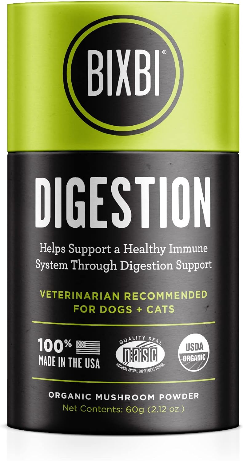 BIXBI Dog & Cat Clean Digestion Support, 2.12 oz (60 g) - All Natural Organic Pet Superfood - Daily Mushroom Powder Supplement - USA Grown & USA Made - Veterinarian Recommended for Dogs & Cats