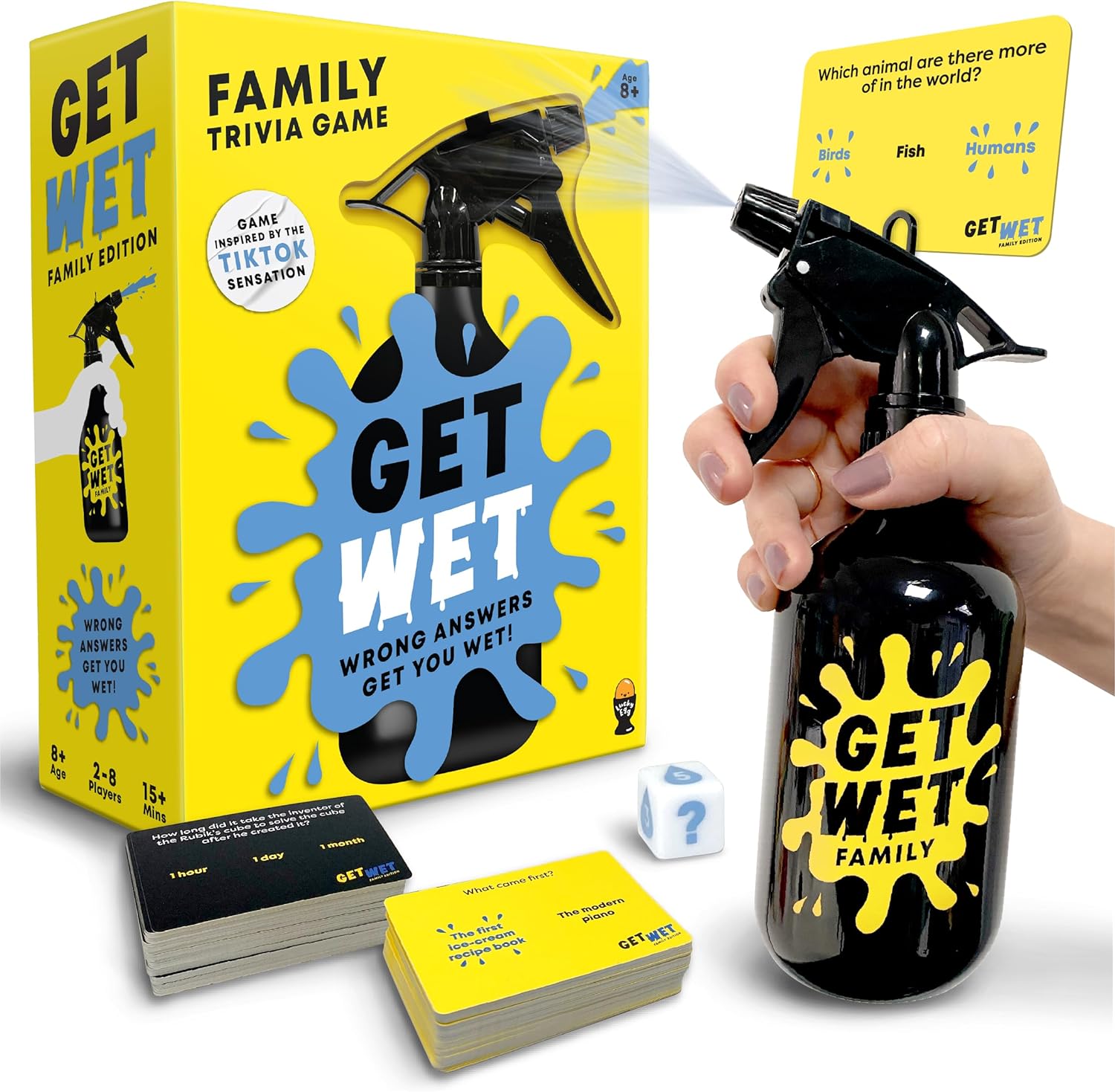 Get Wet Family: The Party Game Where Incorrect Answers Get You Wet - Ages 8+, 2-8 Players - Guessing Card Game For Families Kids, Teens, Adults, Trivia Game Night, Travel, Birthday Gift for Children