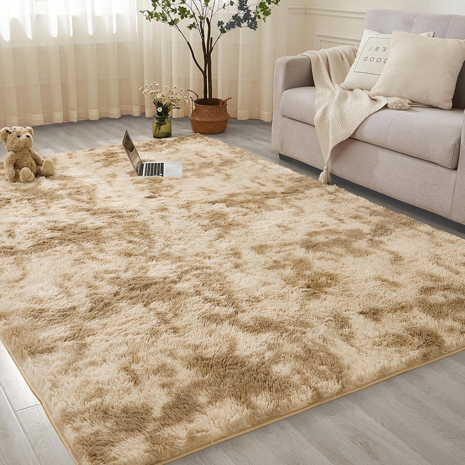 Andency 5x8 Khaki Shag Area Rug for Living Room, Tie-Dyed Soft Fuzzy Plush Indoor Carpets for Bedroom, Non Skid Fluffy Faux Fur Rug for Nursery Kids Boys Girls Room