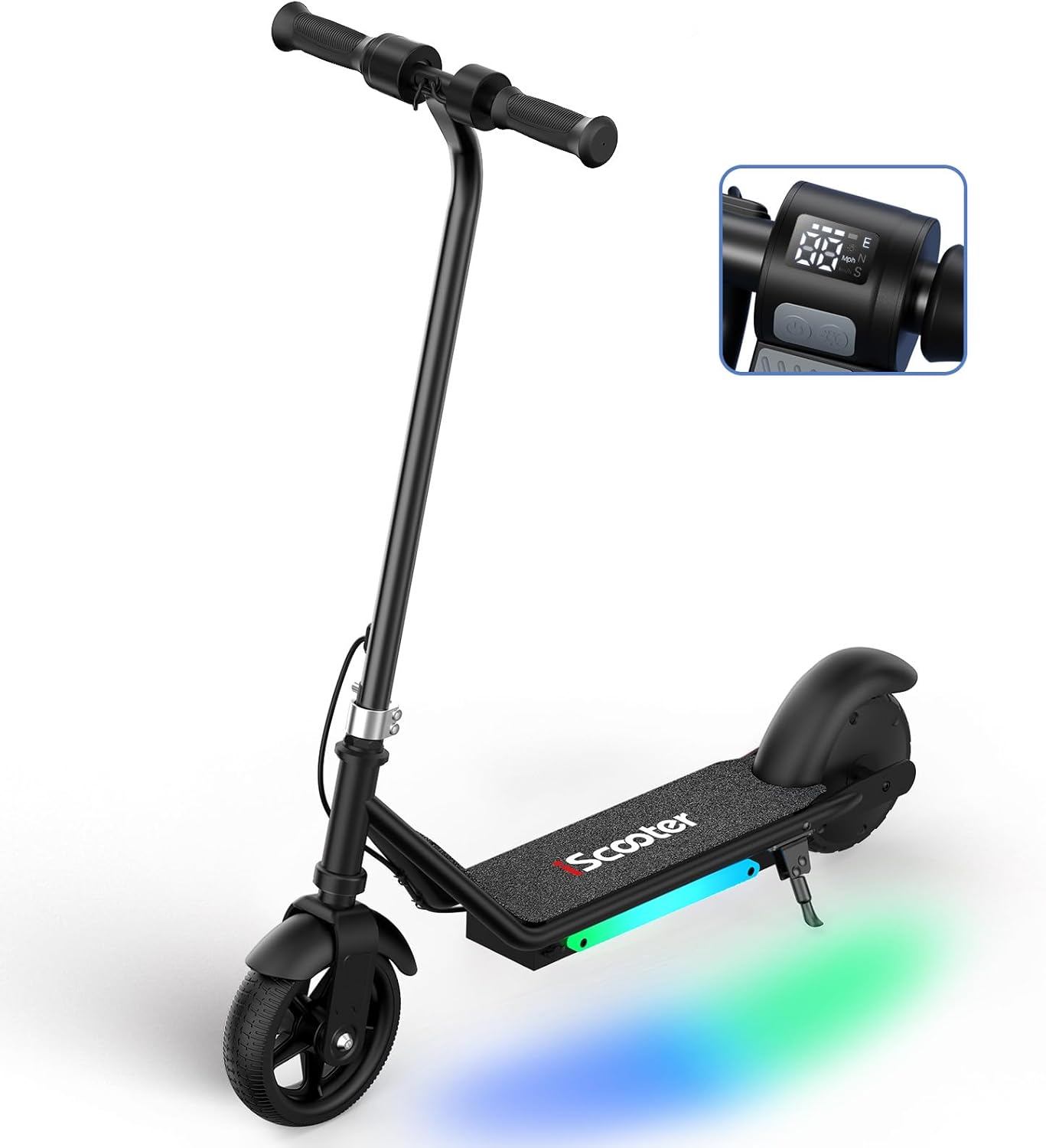 iScooter IK3 Electric Scooter for Kids Ages 6-14, 150W Motor, LED Display, 3 speeds adjustable, Colorful Lights, Double Brake, Kids Electric Scooter with Magnetic Charging, Gifts for Kids