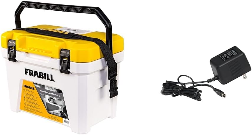 Frabill Magnum Bait Station 13 Quart Live Bait Well, White and Yellow & 120 Volt Adaptor | Charging Cord to Power Fishing Aerators | 18 Length, Black