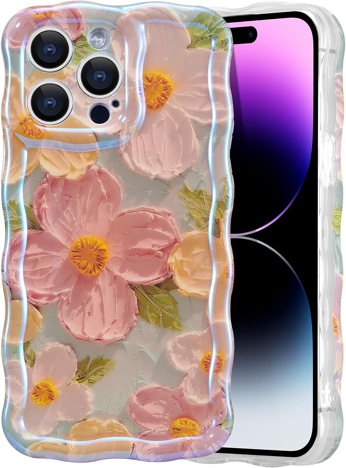 EYZUTAK Case for iPhone 15 Pro Max, Colorful Retro Oil Painting Printed Flower Laser Glossy Pattern Cute Curly Wave Edge Exquisite Phone Cover Stylish Durable TPU Protective Case for Girls Women-Green