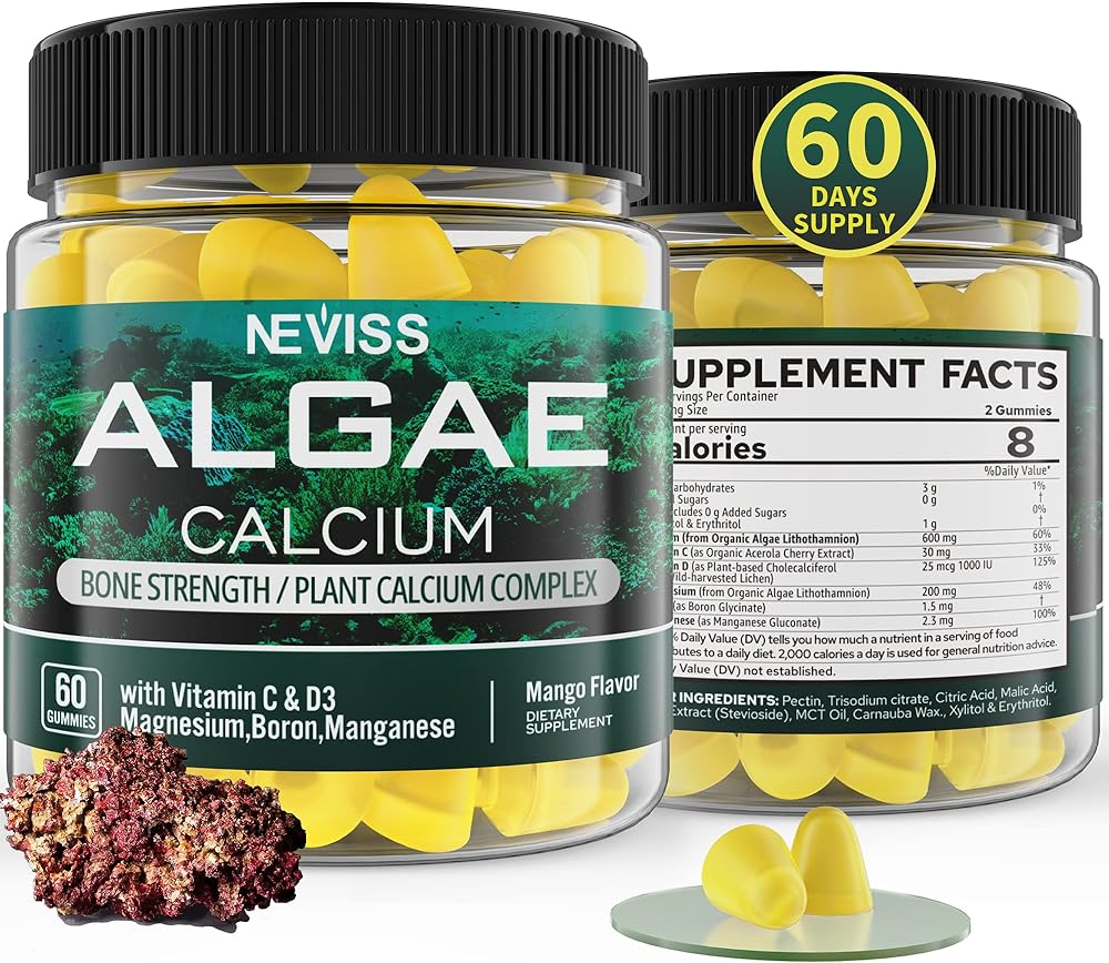 (2 Pack) Marine Algae Calcium Supplement 600 mg, Sugar Free Calcium Gummies with Vitamin D3, C, Magnesium, 70  Trace Minerals for Bone Strength, Healthy Calcium Absorption, Gentle Digestion, Vegan