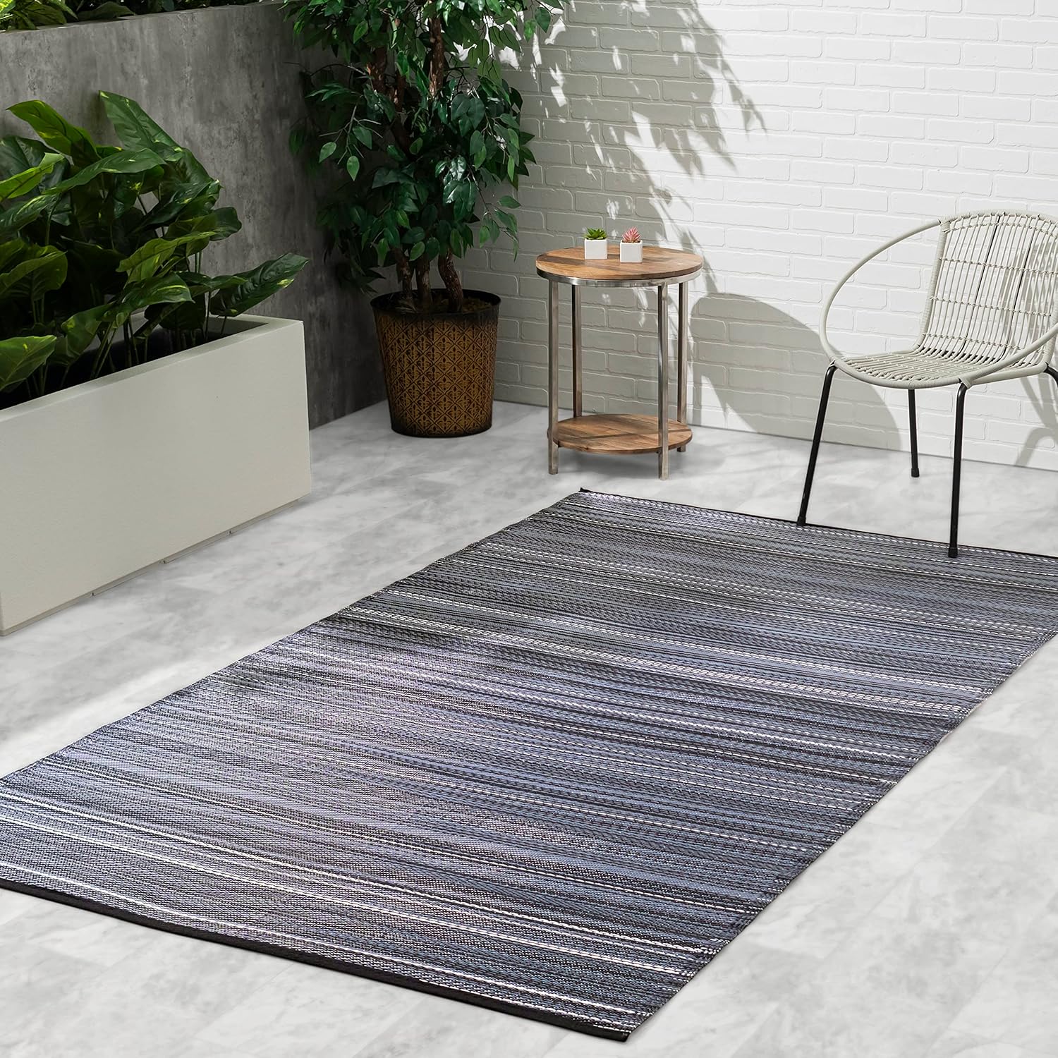 Fab Habitat Outdoor Rug - Waterproof, Fade Resistant, Crease-Free - Premium Recycled Plastic - Striped - Patio, Porch, Deck, Balcony - Cancun - Midnight - 5 x 8 ft