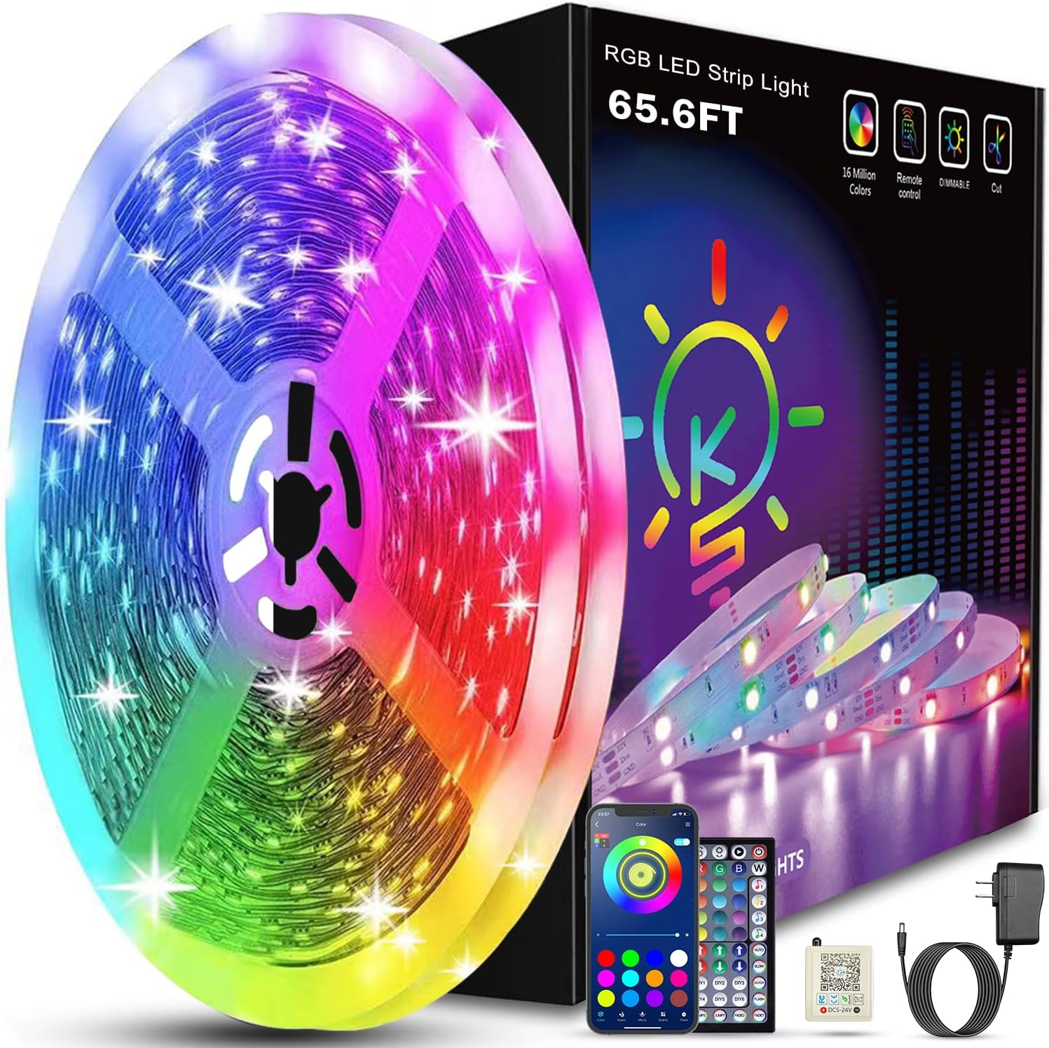 Keepsmile 65.6ft Led Lights for Bedroom,Bluetooth Smart APP Control Color Changing RGB Led Strip Lights with Remote Control Led Lights for Room Kitchen Party Home Decoration