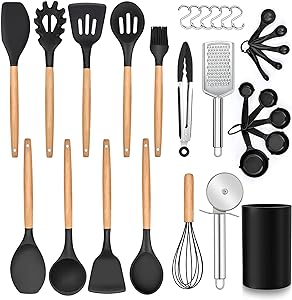 LIANYU 30 PCS Silicone kitchen Cooking Utensils Set with Holder, Heat Resistant Kitchen Essentials Utensils Set Wooden Handle, Cooking Tools Set Including Tuner, Spatula, Spoon, Ladle, Black