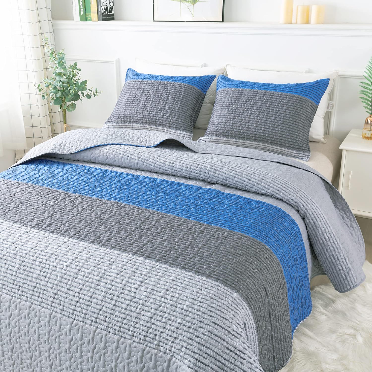 Andency Stripe Quilt Set Queen(96x90Inch), 3 Pieces (1 Striped Quilt and 2 Pillowcases) Blue and Grey Patchwork Bedspread Coverlet Set, Soft Microfiber Quilted Bedding Set