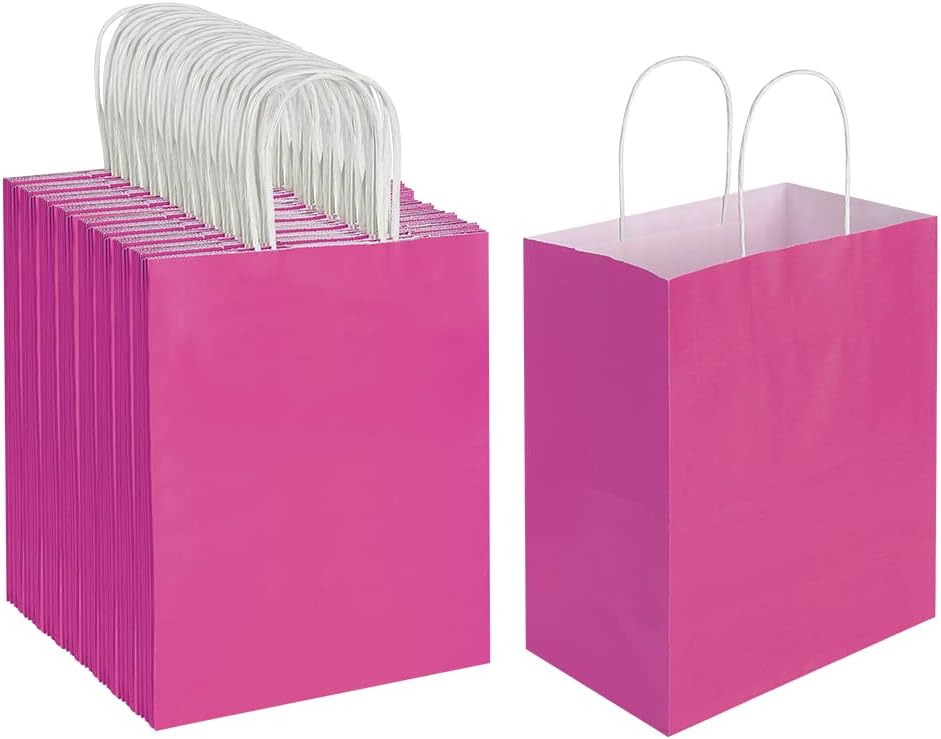 100 Pack 8x4.75x10 inch Medium Kraft Bags with Handles Bulk, Oikss Pink Paper Bags Birthday Wedding Party Favors Grocery Retail Shopping Takeouts Business Goody Craft Gift Sacks (Fuchsia 100PCS Count)