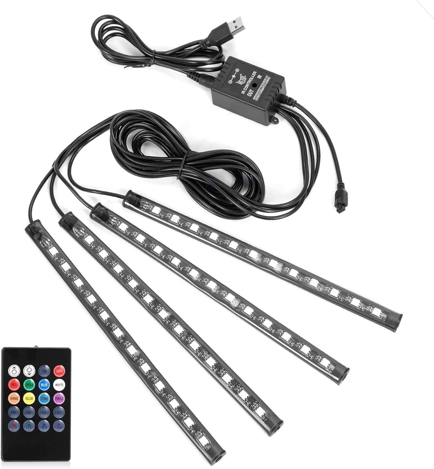 Car LED Strip Lights Christmas, 4Pcs 48 LED Interior Lights, MultiColor Music Car Strip Light Under Dash Lighting Kit with Sound Active Function and Remote Controller, DC 5V