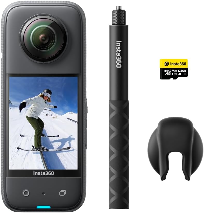 Insta360 X3 128 GB Vlog Kit - 360 Action Camera with 5.7K 360 Active HDR Video, 4K Single-Lens Camera, Waterproof, FlowState Stabilization, 2.29" Touchscreen, AI Editing, for Motorcycle, Wintersports