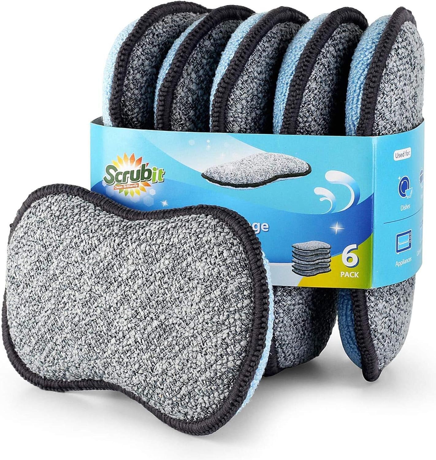 Multi-Purpose Sponges Kitchen by Scrub-it - Non-Scratch Microfiber sponges for Cleaning, along with Heavy Duty Scrubbing Power - Reusable Dish Sponge for Dishes, Pots and Pans (6 pack, Small)