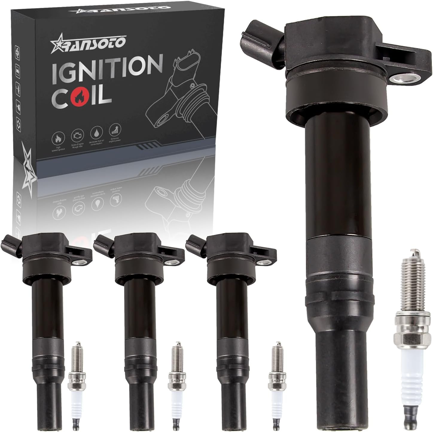 RANSOTO UF651 Ignition Coil Pack & Spark Plugs Compatible With 1.8L 2.0L 2011-2016 Hyundai Elantra Tucson Kia Forte Soul Replace C1804 5C1861 273002E000 273012E000