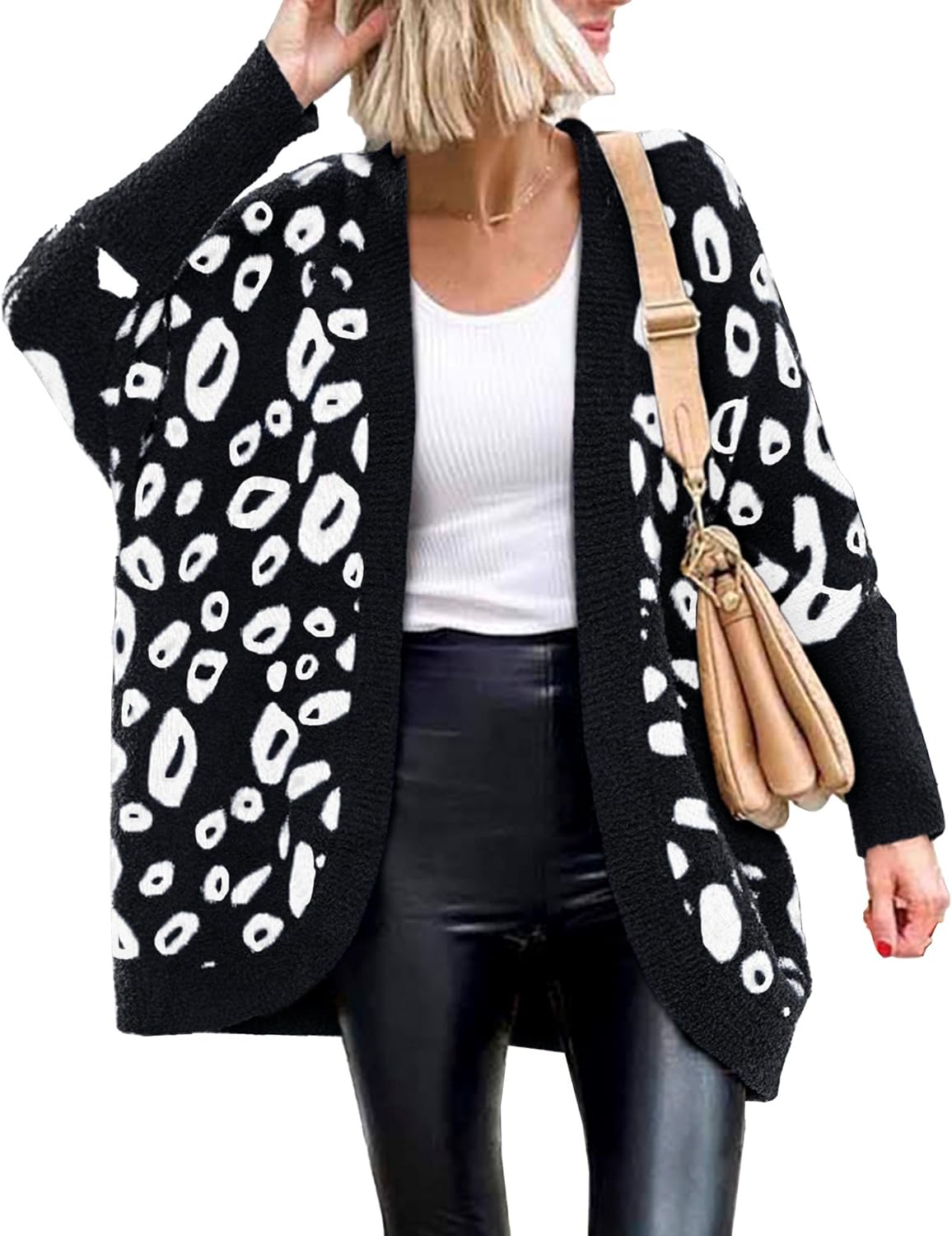 BTFBM Women Fashion Leopard Print Long Sleeve Sweater Cardigan Loose Knit Open Front Fall Winter Outwear Coats