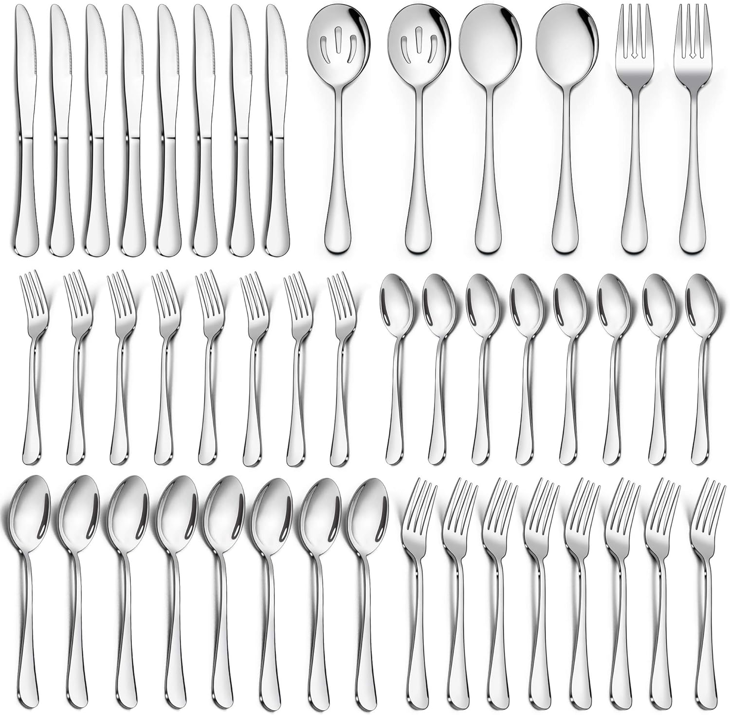 LIANYU 46-Piece Silverware Flatware Set for 8, Plus Serving Utensils, Stainless Steel Cutlery Tableware, Includes Fork Spoon Knife, Mirror Polished, Dishwasher Safe