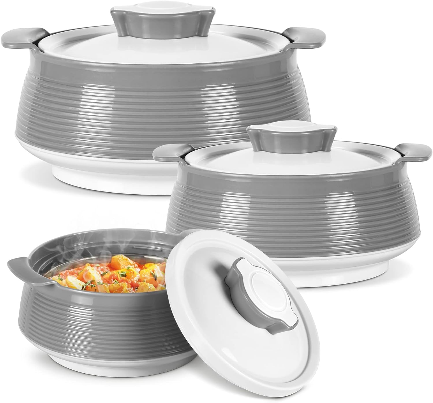 Milton Casserole for hot food, Double walled insulated inner Stainless Steel hot pot with lid, Serving box for food and roti, insulated serving bowl with lid, Set of 3 Venice, Grey