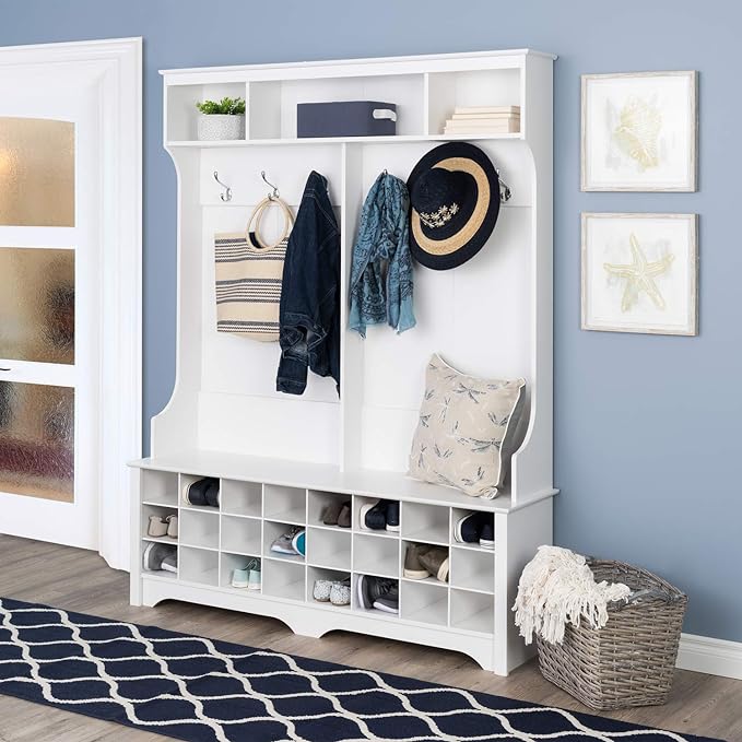 Prepac White Hall Tree with Bench and Shoe Storage, 60"W x 77"H x 15.5"D - 24 Shoe Cubby, Mudroom Bench with Storage and Hooks