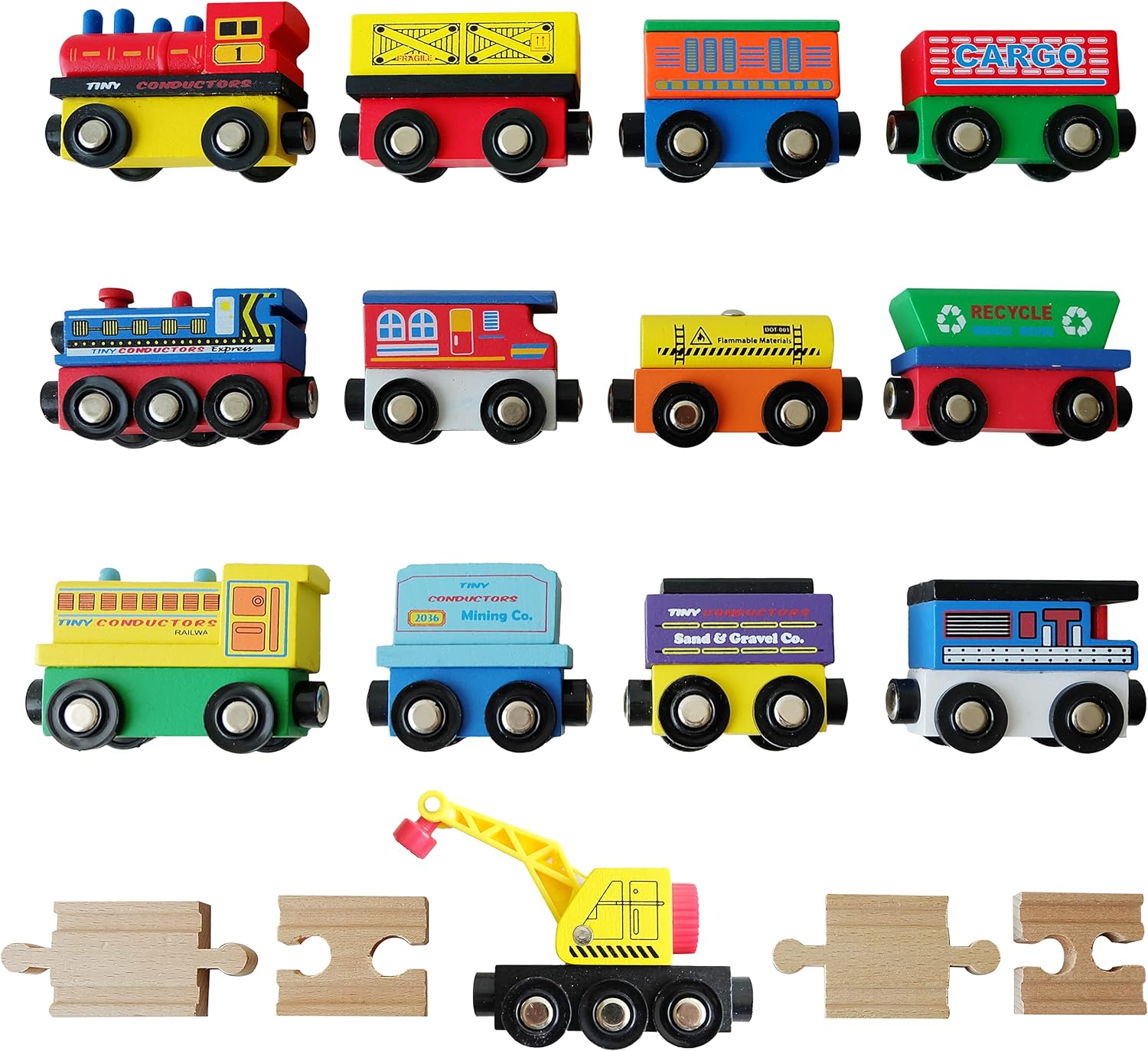 12 Wooden Train Cars, 1 Bonus Crane, 4 Connectors, Locomotive Tank Engines and Wagons for Toy Train Tracks, Compatible with Thomas Wood Toy Railroad Set