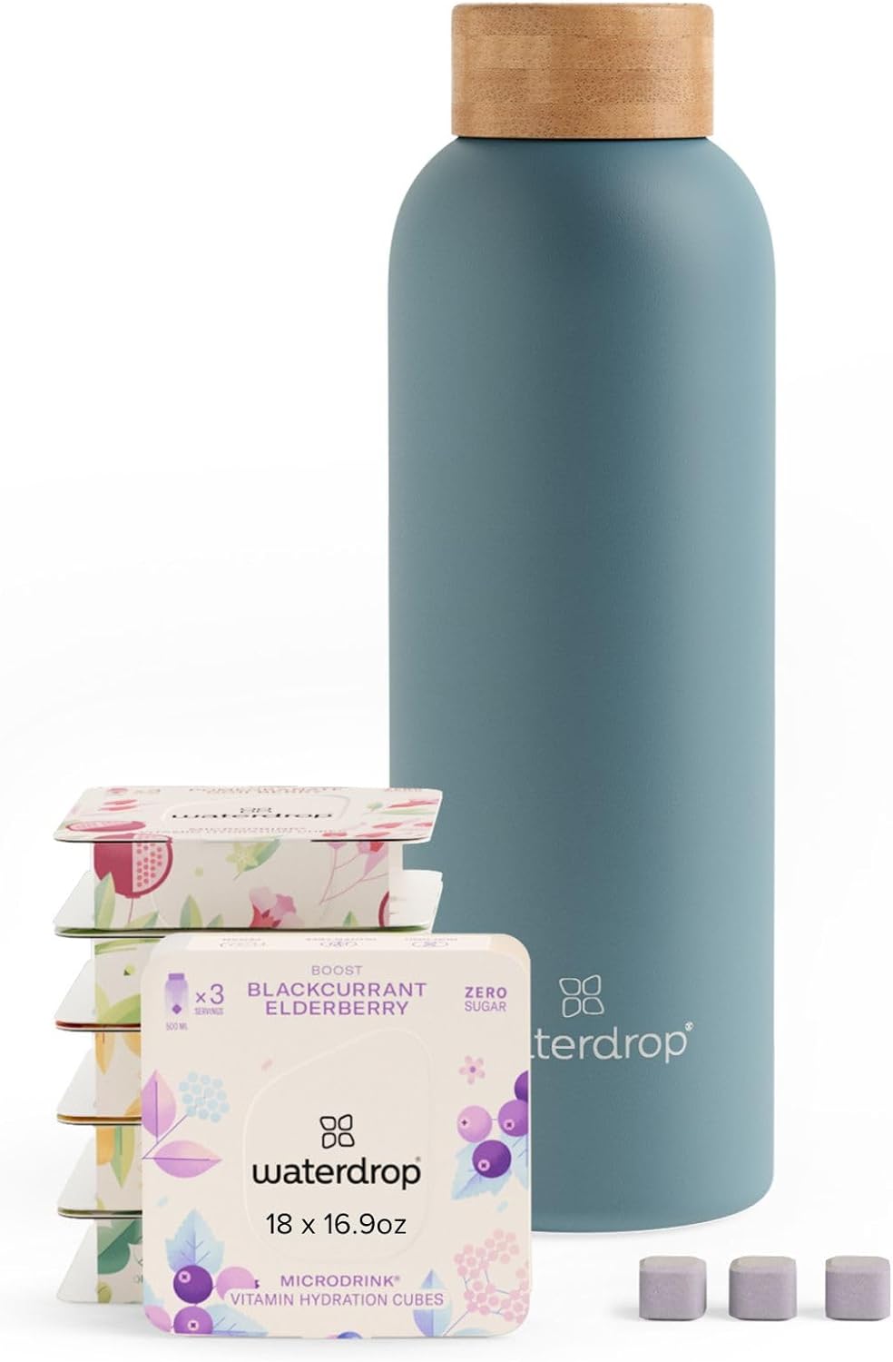 waterdrop Insulated Water Bottle, Starter Set with Vitamin Hydration Cubes, 12h Hot & 24h Cold, Leakproof, Dishwasher Safe, Stainless Steel 20 oz - Midtone Turquoise