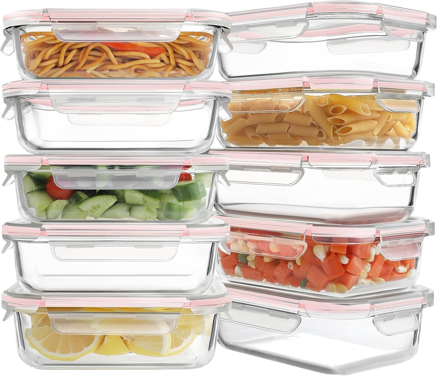 10 Pack Glass Meal Prep Containers, Glass Food Storage Containers with Lids, Airtight Glass Lunch Bento Boxes, BPA-Free & Leak Proof (10 lids & 10 Containers) - Pink