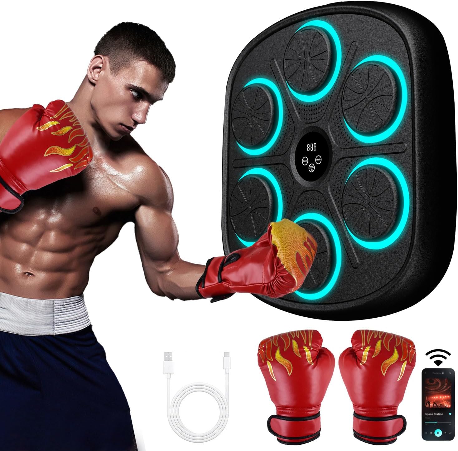 Voraiya New Smart Music Boxing Machine with Boxing Gloves, Bluetooth Training Machine with LED Electronic Wall Mounted, Electronic Focus Agility Training Digital Boxing for Kids and Adults