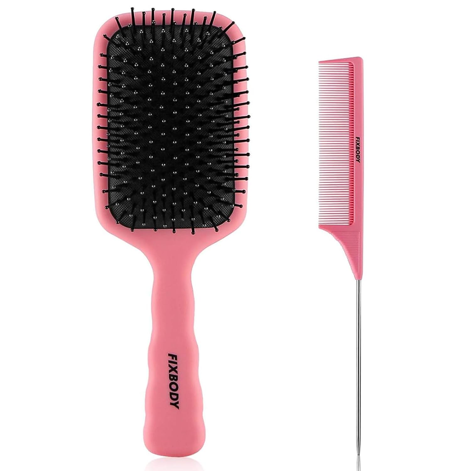 FIXBODY Paddle Hair Brush Tail Comb set for Women Men and Kids Make Thin Long Curly Hair Health and Massa (Pink)