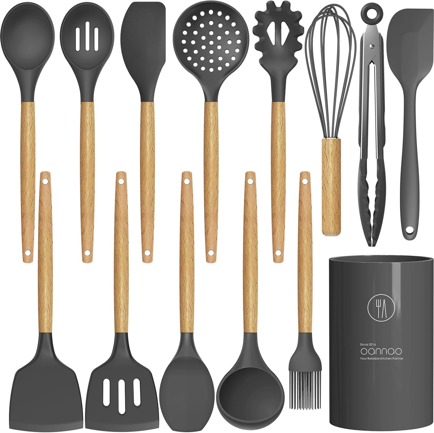 14 Pcs Silicone Cooking Utensils Kitchen Utensil Set - 446F Heat Resistant,Turner Tongs, Spatula, Spoon, Brush, Whisk, Wooden Handle Gray Gadgets with Holder for Nonstick Cookware (BPA Free)