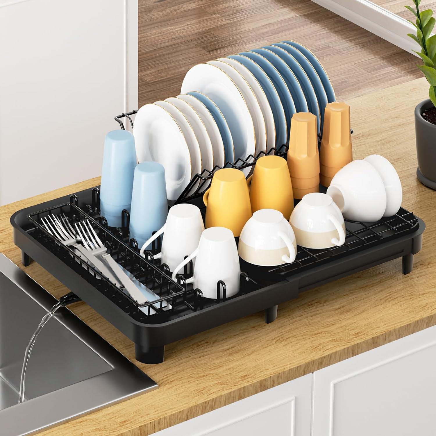 TAILI Dish Drying Rack for Kitchen Counter, Space-Saving Stainless Expandable Design Dish Rack with Cutlery Holder, Cup Holder & Utensil Holder, Rustproof Sink Dish Drying Rack