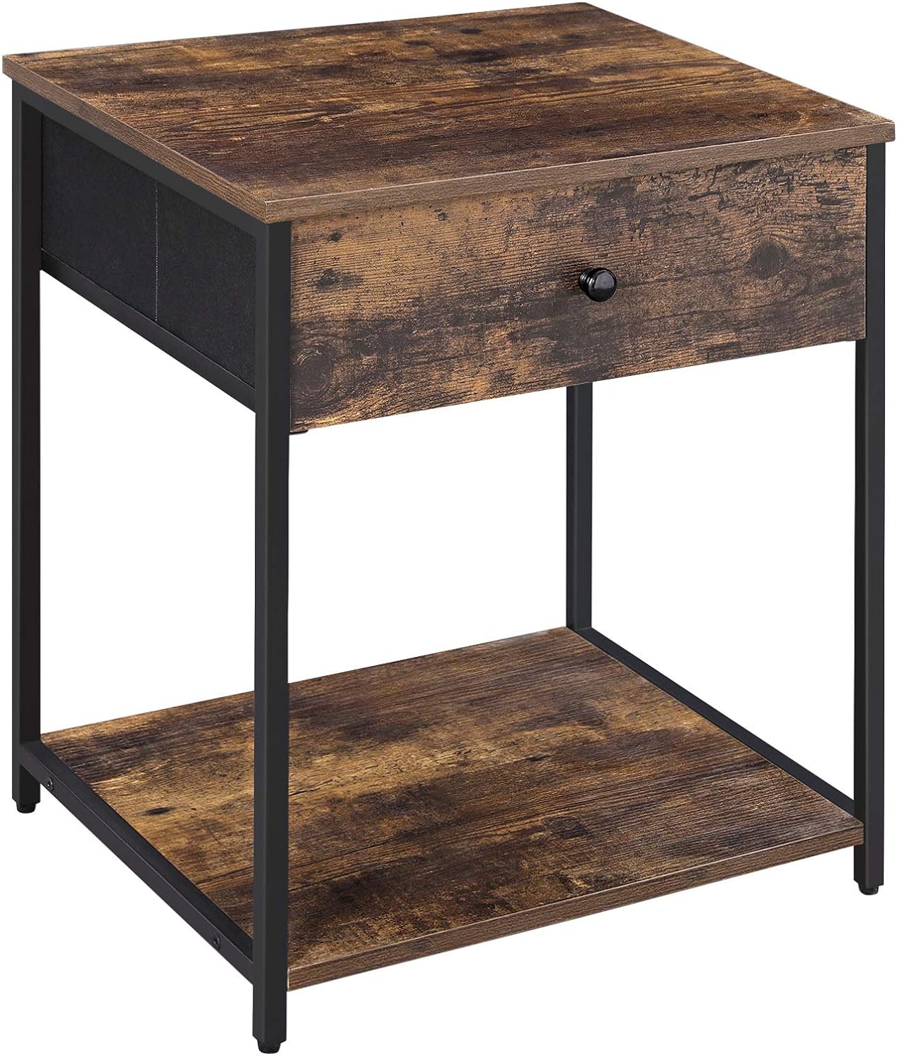 SONGMICS Rustic Nightstand, Industrial Bedside Table with Drawer, 2 Shelves, Fabric Drawer Dresser, End Table with Wooden Top and Front, Rustic Brown and Black ULGS20H