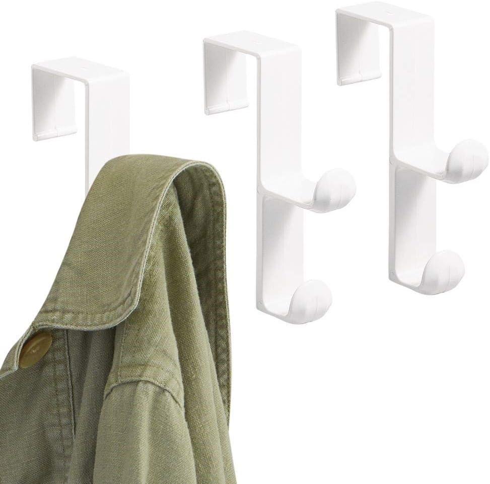 iDesign Over the Door Plastic Dual Hook Hanger for Coats, Jackets, Hats, Robes, Towels, Ideal for Bathroom, Bedroom, Mudroom, Set of 3, White