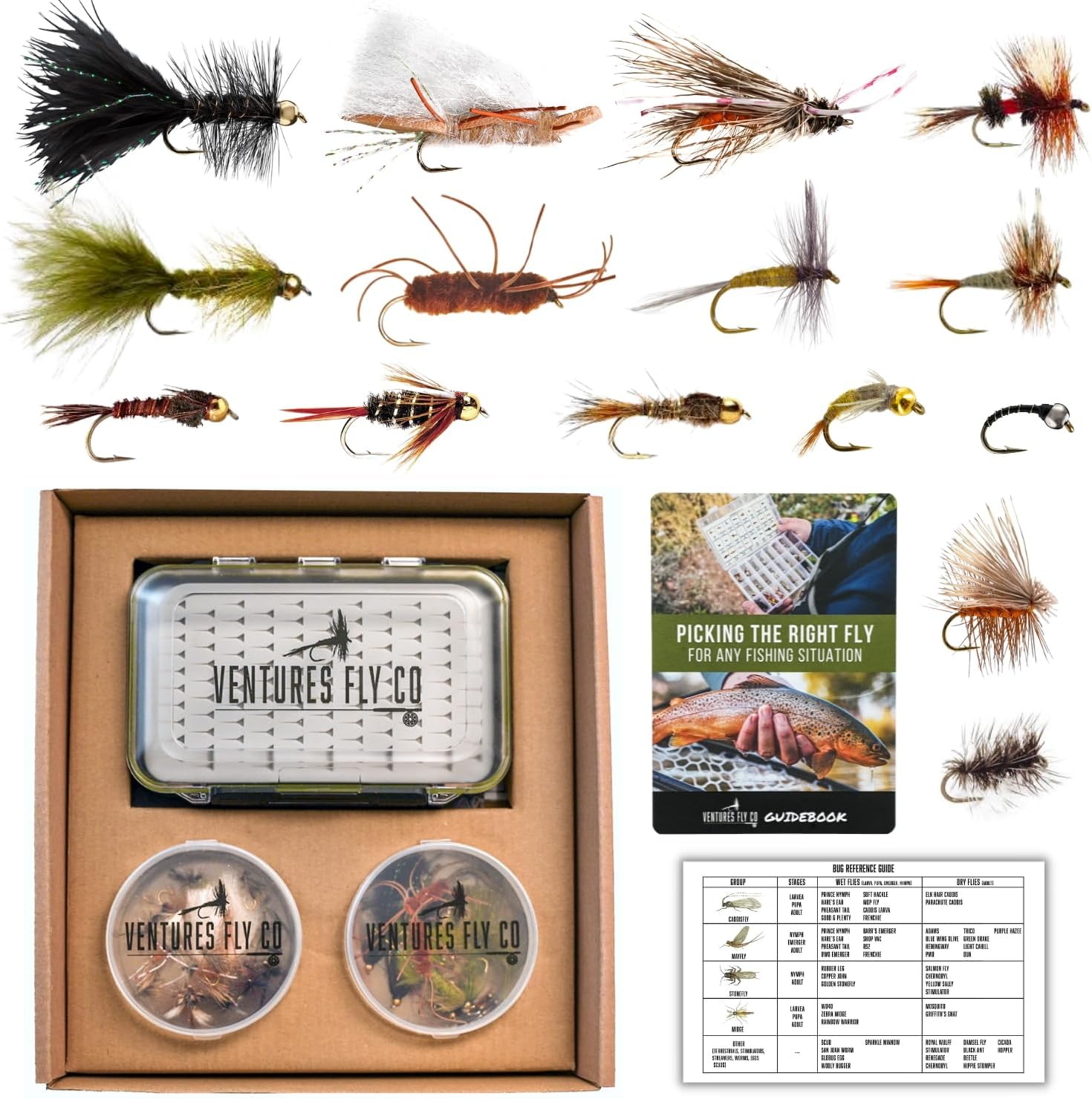 Ventures Fly Co. | 40 Premium Hand Tied Fly Fishing Flies Assortment | Fly Box Included | Dry, Wet, Nymphs, Streamers, Wooly Buggers, Terrestrials | Trout, Bass Lure Set, Kit