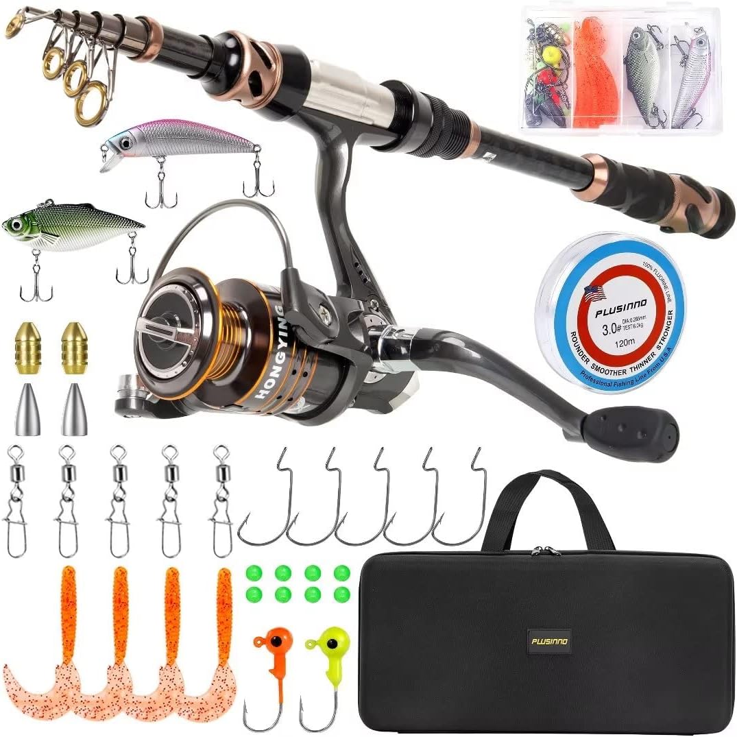 PLUSINNO Fishing Rod and Reel Combos - Carbon Fiber Telescopic Fishing Pole - Spinning Reel 12 +1 Shielded Bearings Stainless Steel BB