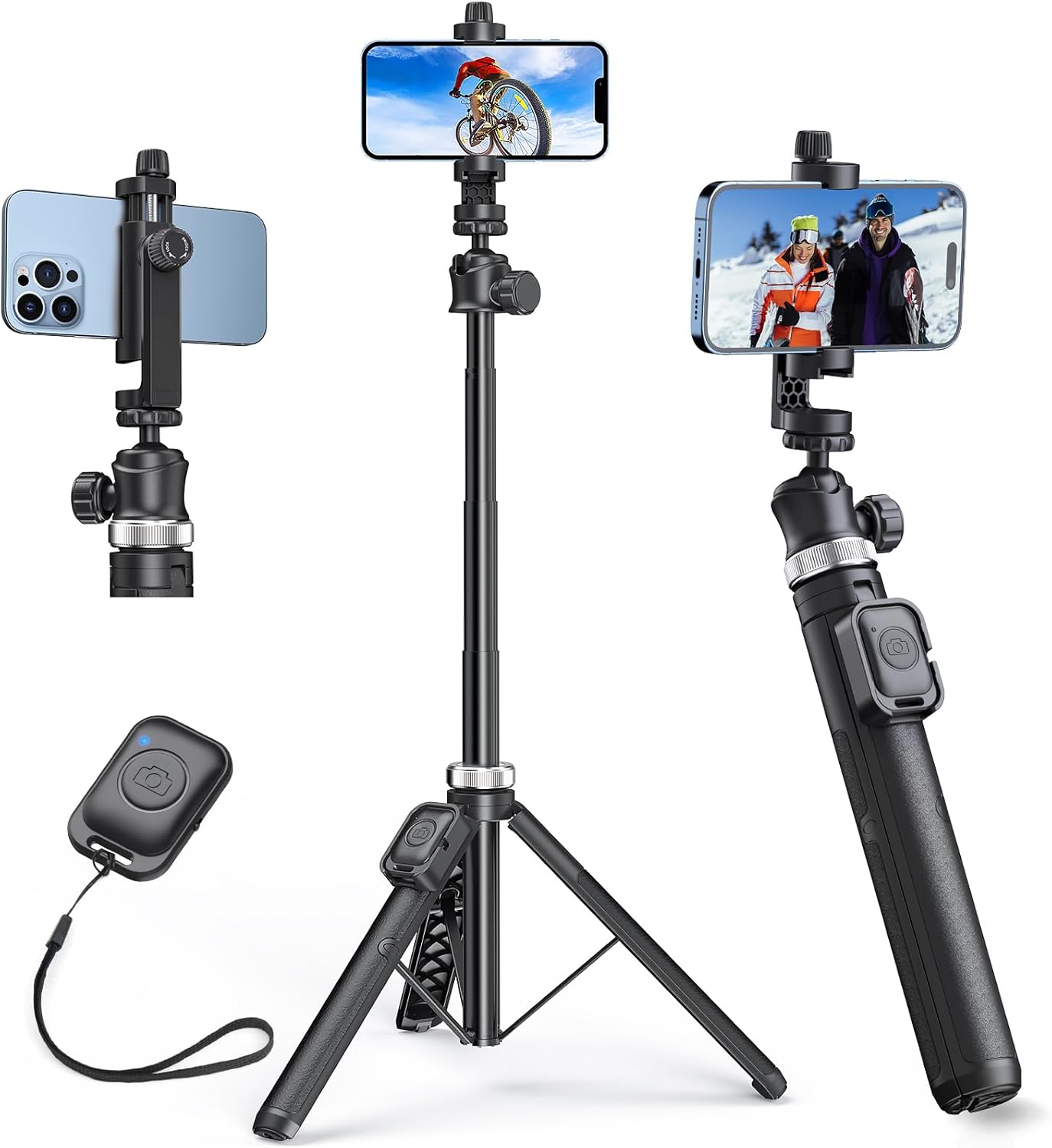 62 Phone Tripod - MIIASI Extendable Tripod for iPhone and Selfie Stick Tripod with Remote, 360 Ball Head Upgraded Cell Phone Tripod for Video Recording, iPhone 14/13/12 Pro Max/Android